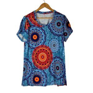 Mandala Print Knit Tunic Top Blue Boho T-Shirt Pedal Sleeve Cottage Hippie